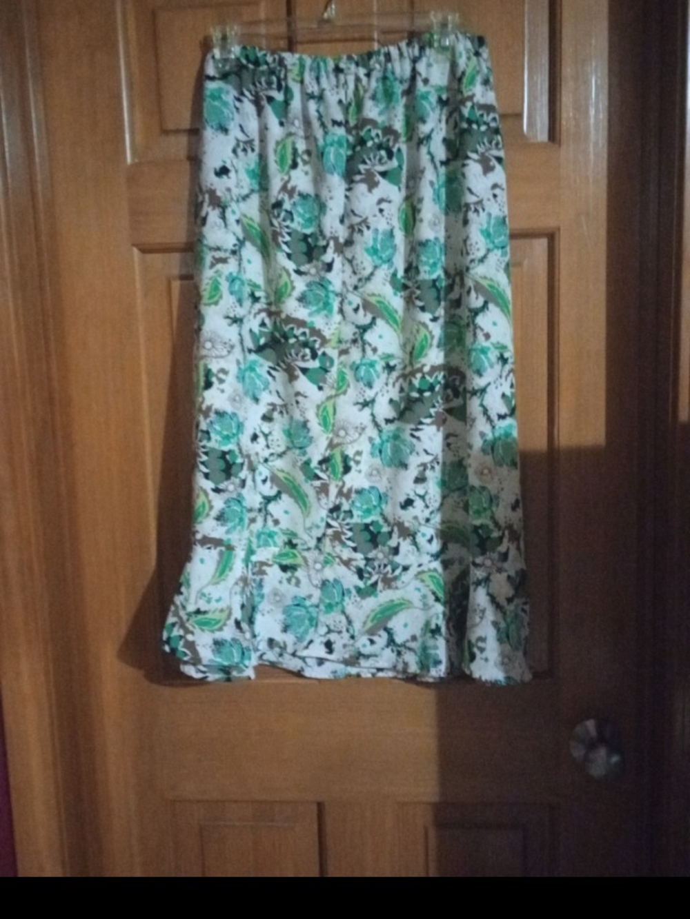 Green Floral Midi Skirt - Elastic Waist